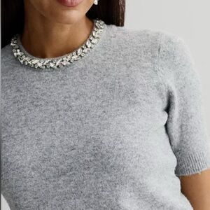 Marled by Reunited Short Sleeve Gray Sweater With Embellished Jewel Neckline